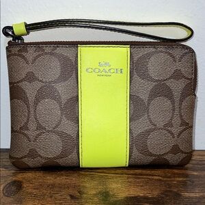 Coach Brown and Neon Yellow Wristlet